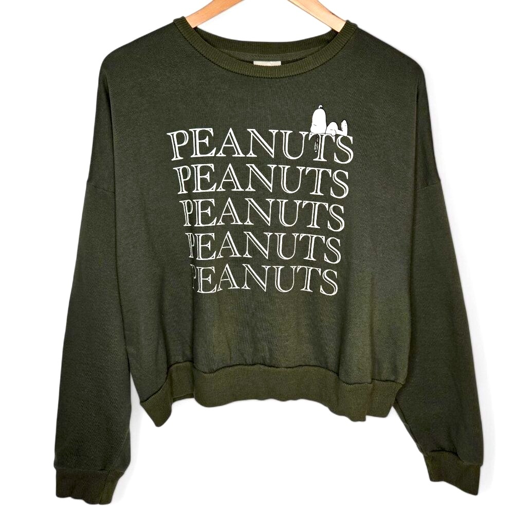 Peanuts Snoopy‎ Spellout Oversized Crop Sweater Women's Olive Fleece Retro XXL